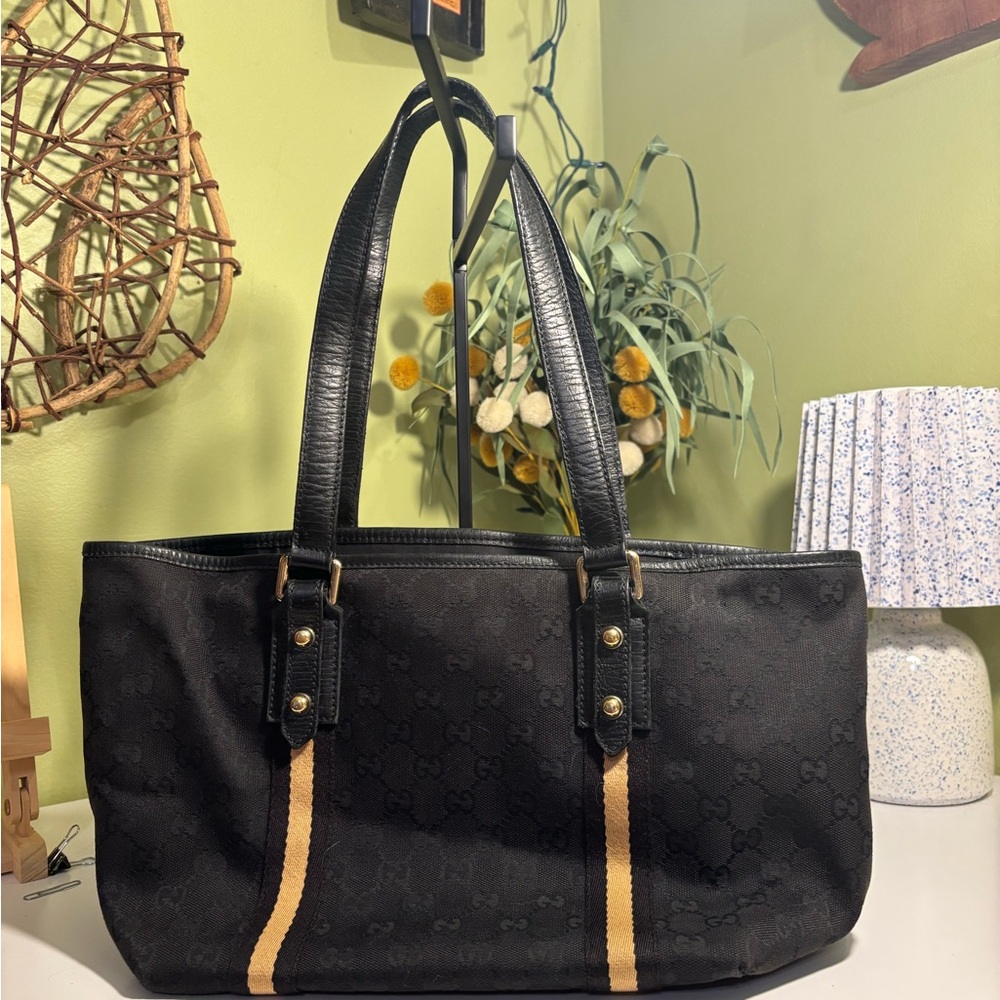 Gucci Black Tote with Tan Stripes